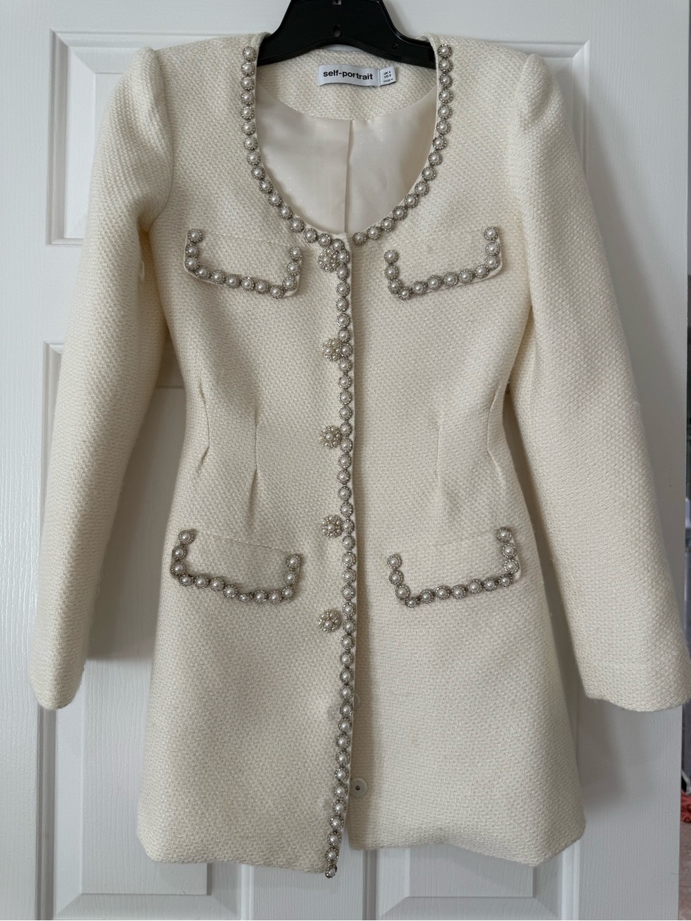 Self-Portrait Cream Pearl-Embellished Tailored Coat